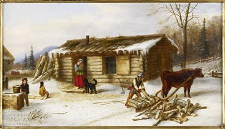 Cornelius Krieghoff Chopping Logs Outside a Snow Covered Log Cabin Germany oil painting art
